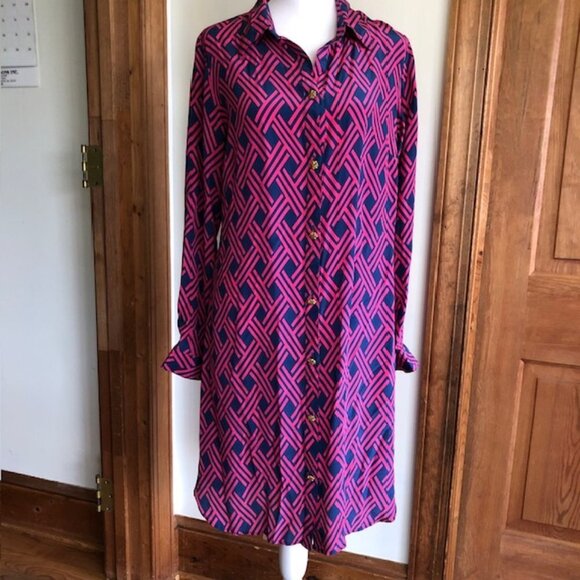 LAUREN GOLD Jacquard Silk Shirt Dress Long Sleeve Navy Pink Medium - Picture 1 of 17